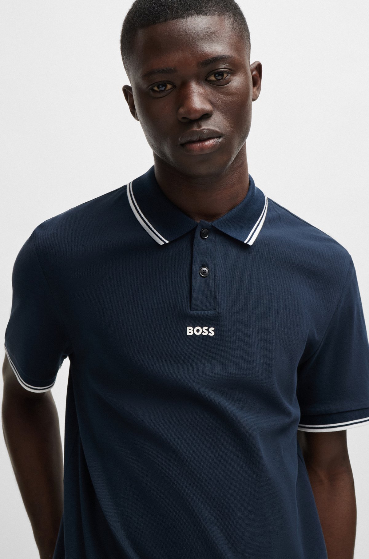 Cotton-piqué polo shirt with contrast logo and tipping, Dark Blue
