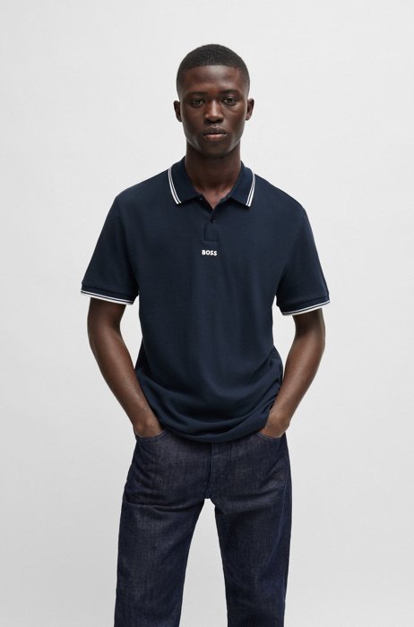 Fine-piqué polo shirt with contrast details, Dark Blue