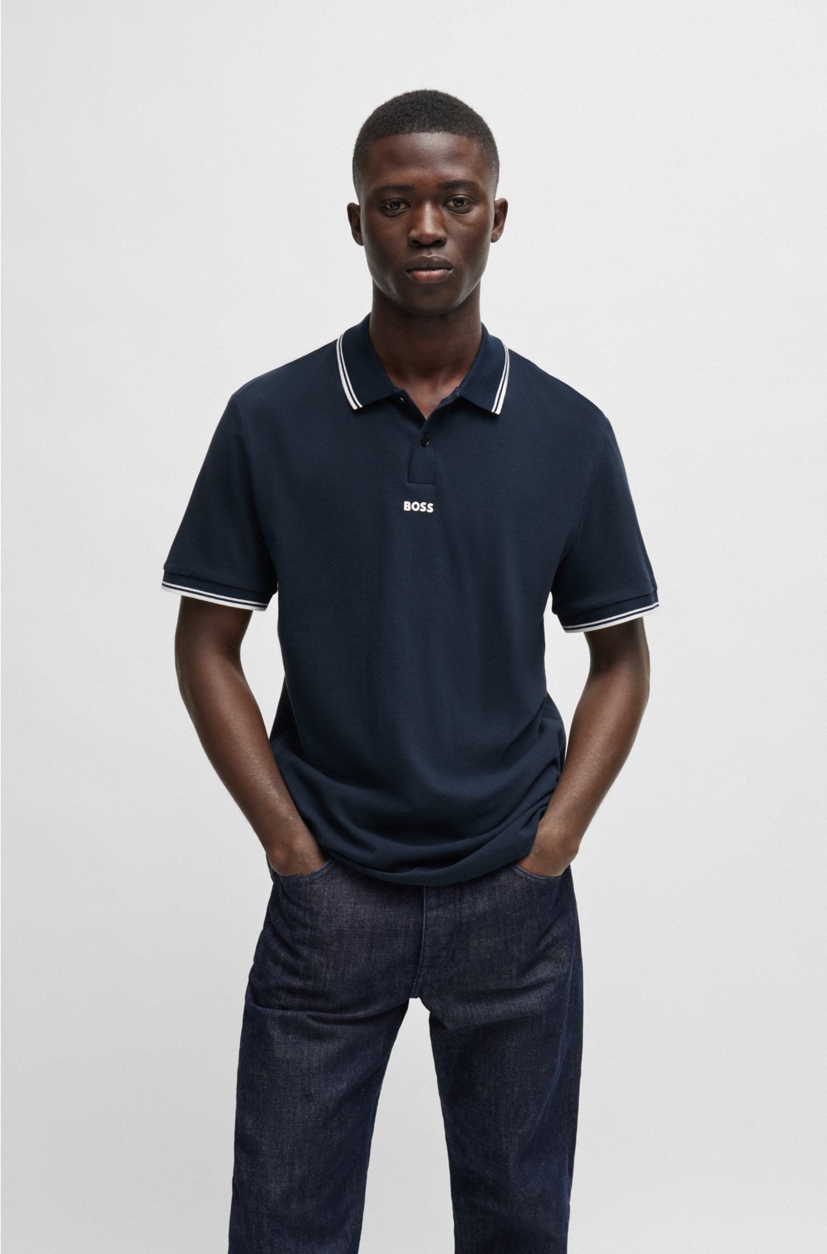 BOSS - Cotton-piqué polo shirt with contrast logo and tipping