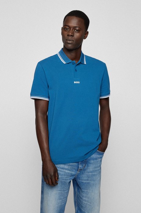 Fine-piqué polo shirt with contrast details, Blue