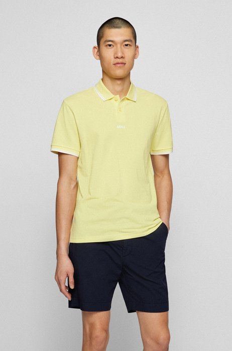 Fine-piqué polo shirt with contrast details, Light Yellow