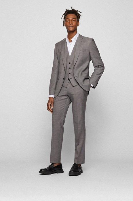 Three-piece slim-fit suit in virgin wool, Dark Grey