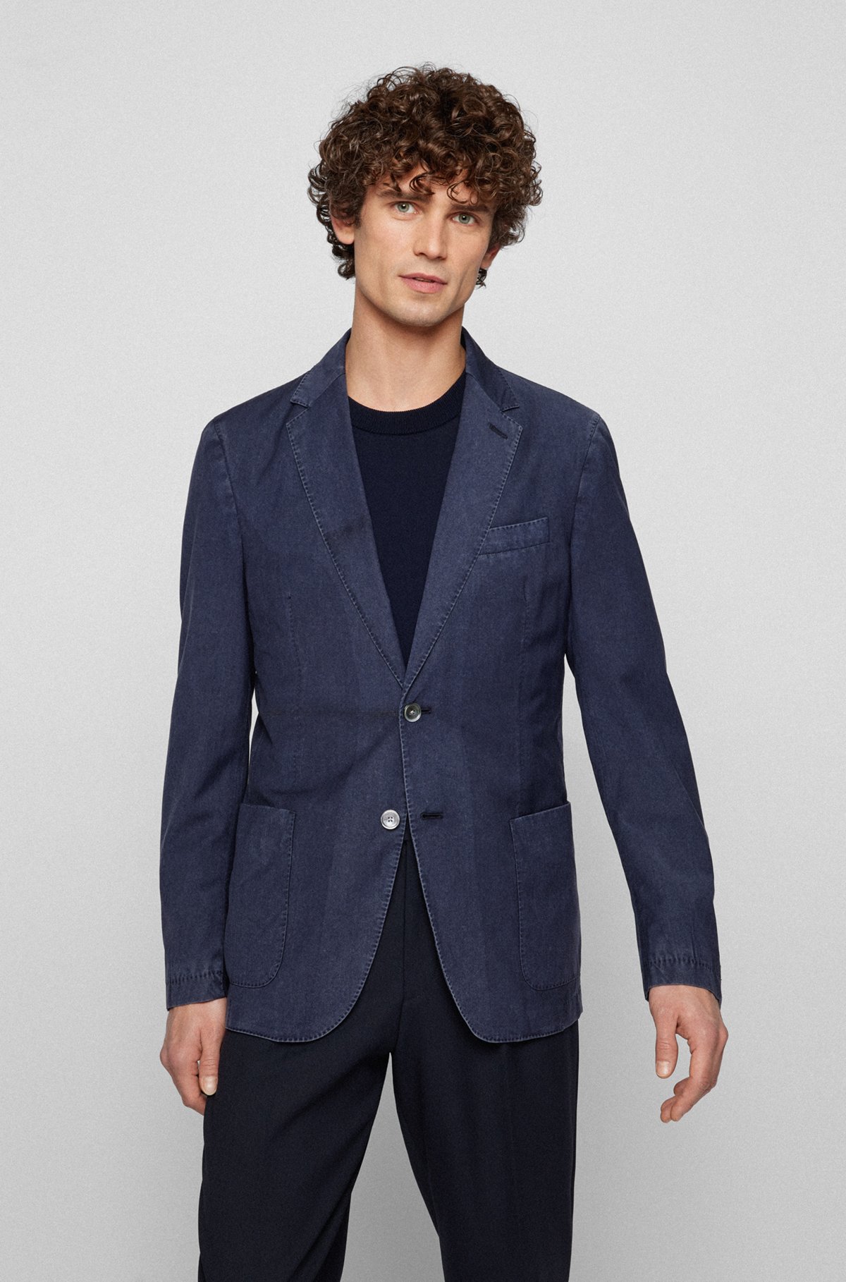 Slim-fit single-breasted jacket in virgin wool, Dark Blue