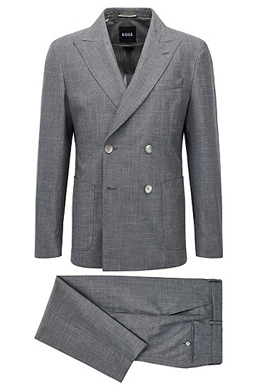 羊毛真丝和亚麻混纺双排扣修身西装,  022_Dark Grey
