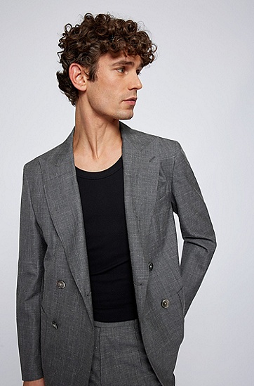 羊毛真丝和亚麻混纺双排扣修身西装,  022_Dark Grey