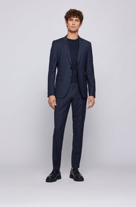 Extra-slim-fit virgin-wool suit with micro pattern, Dark Blue