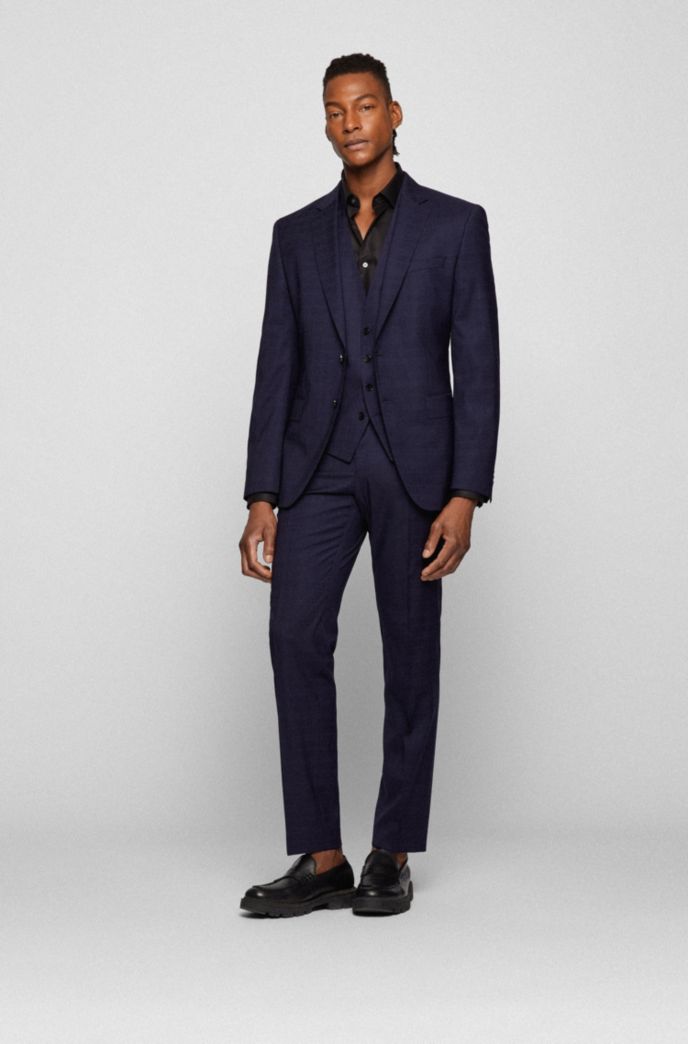 BOSS - Slim-fit three-piece suit in checked stretch wool BOSS - Slim-fit three-piece suit in checked stretch wool