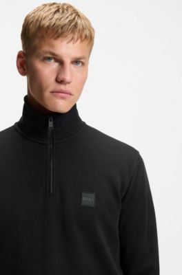 Sweatshirt van katoenen sweatstof met ritskraag en logopatch, Zwart