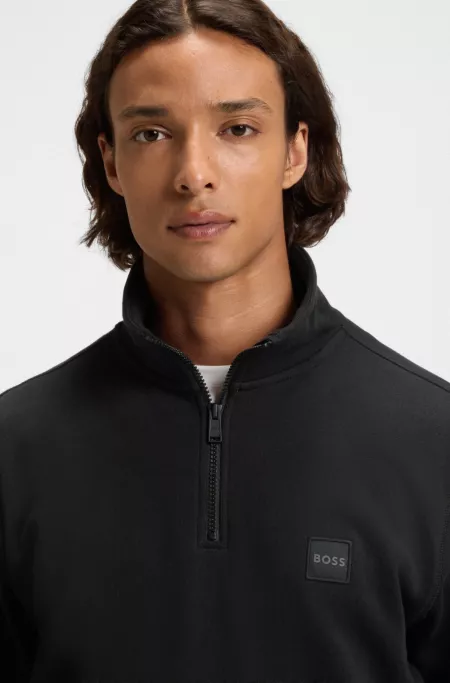 Zip-neck sweatshirt in cotton terry with logo patch