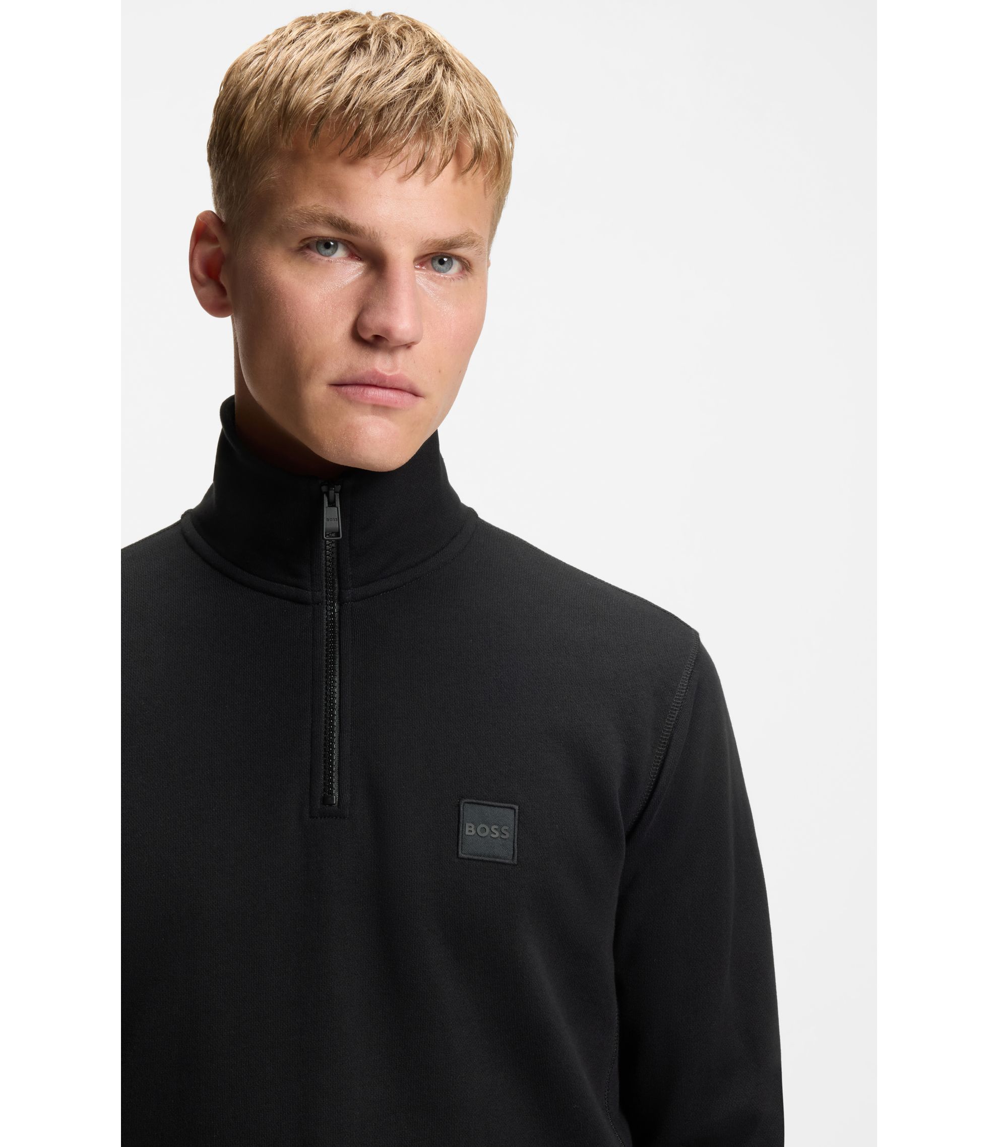 BOSS - ジップネック スウェットシャツ コットンテリー ロゴパッチ