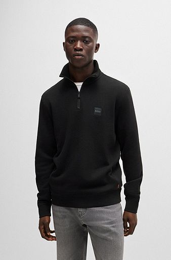 Cotton-terry zip-neck sweatshirt with logo patch, Black