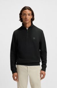 Zip-neck sweatshirt in cotton terry with logo patch, Black