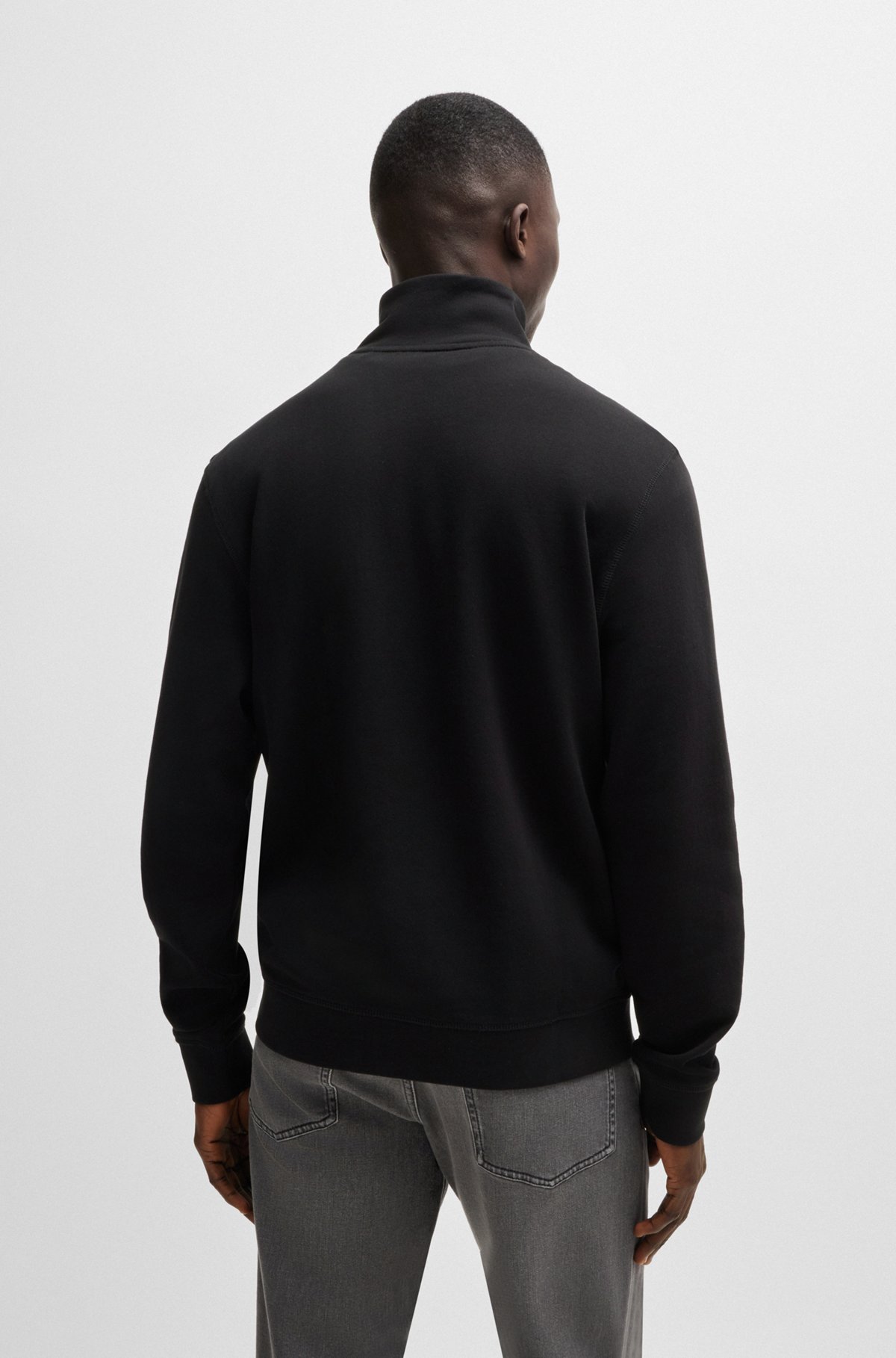 Cotton-terry zip-neck sweatshirt with logo patch, Black