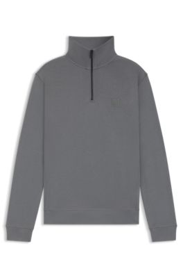 Sudadera de felpa de algod&oacute;n con cremallera corta y parche de logo, Gris