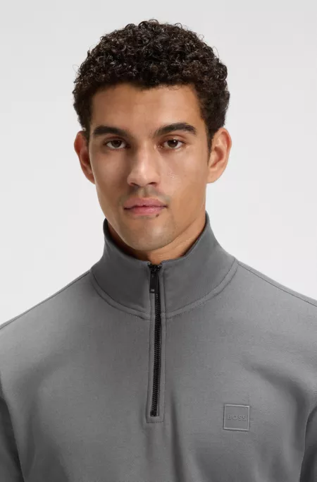 Zip-neck sweatshirt in cotton terry with logo patch
