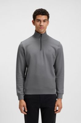 Quarter-zip cotton-terry sweatshirt with logo patch, Grey