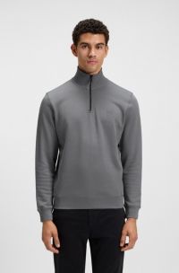 Zip-neck sweatshirt in cotton terry with logo patch, Grey