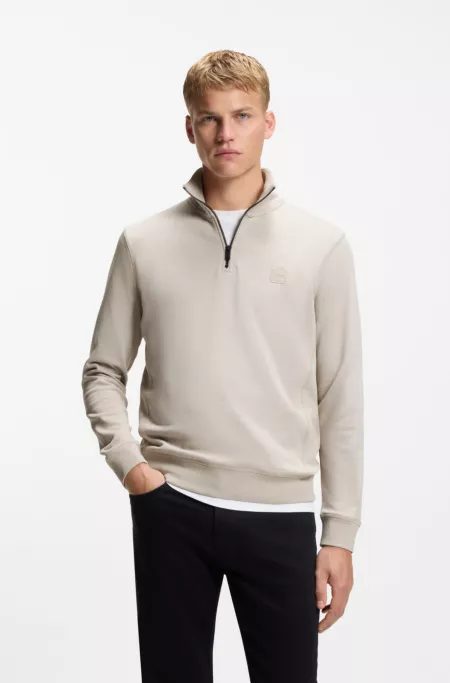 Quarter-zip cotton-terry sweatshirt with logo patch
