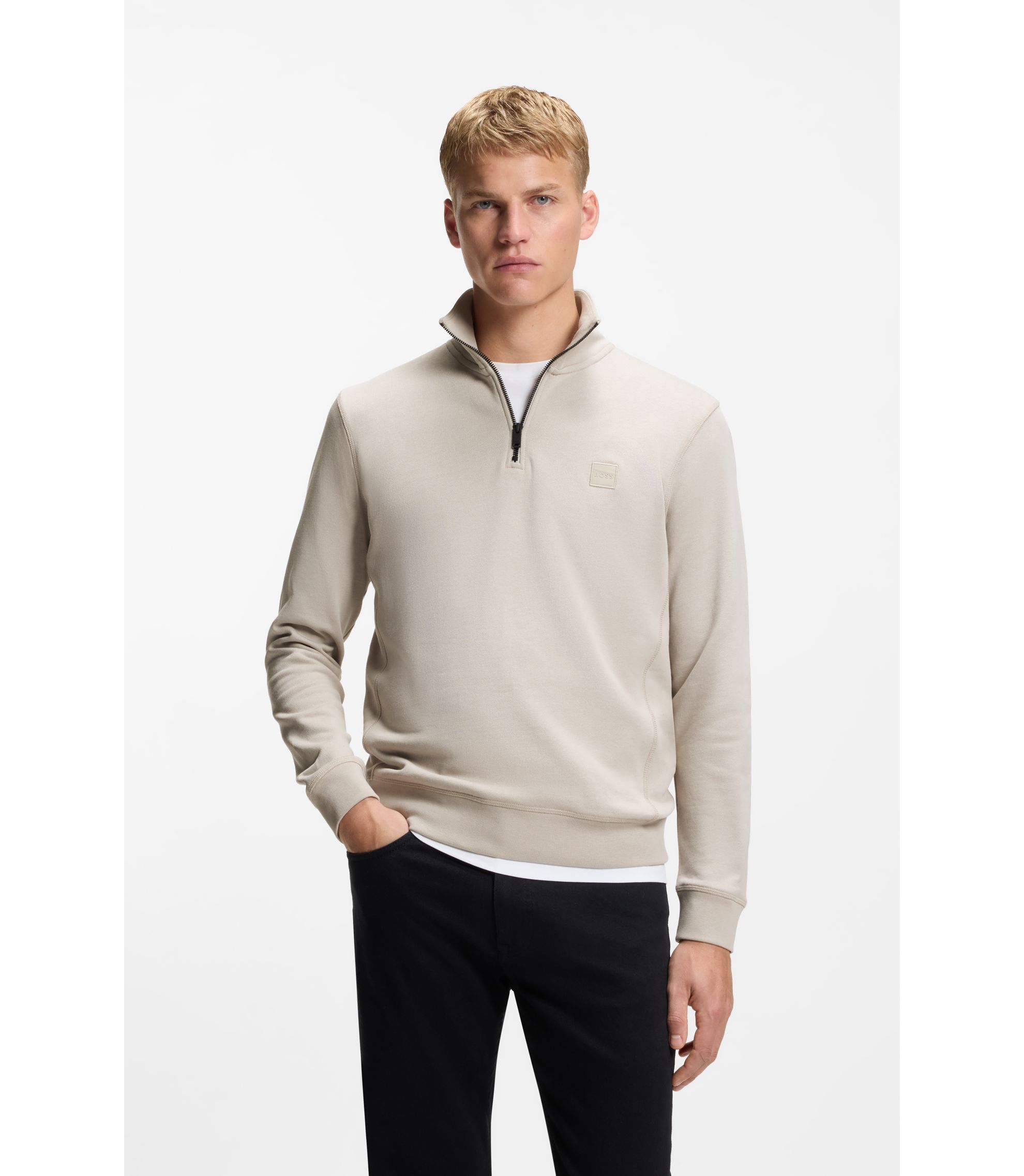 Sweatshirt aus Baumwoll-Terry mit Reißverschluss am Kragen und Logo-Aufnäher