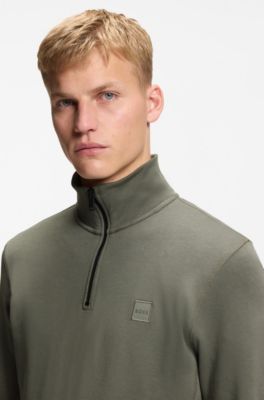 Sudadera de felpa de algod&oacute;n con cremallera corta y parche de logo, Gris