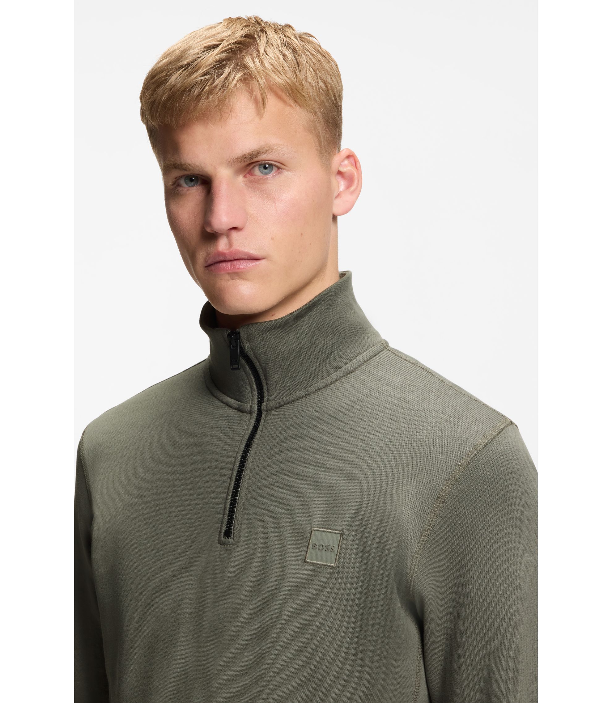 BOSS - ジップネック スウェットシャツ コットンテリー ロゴパッチ