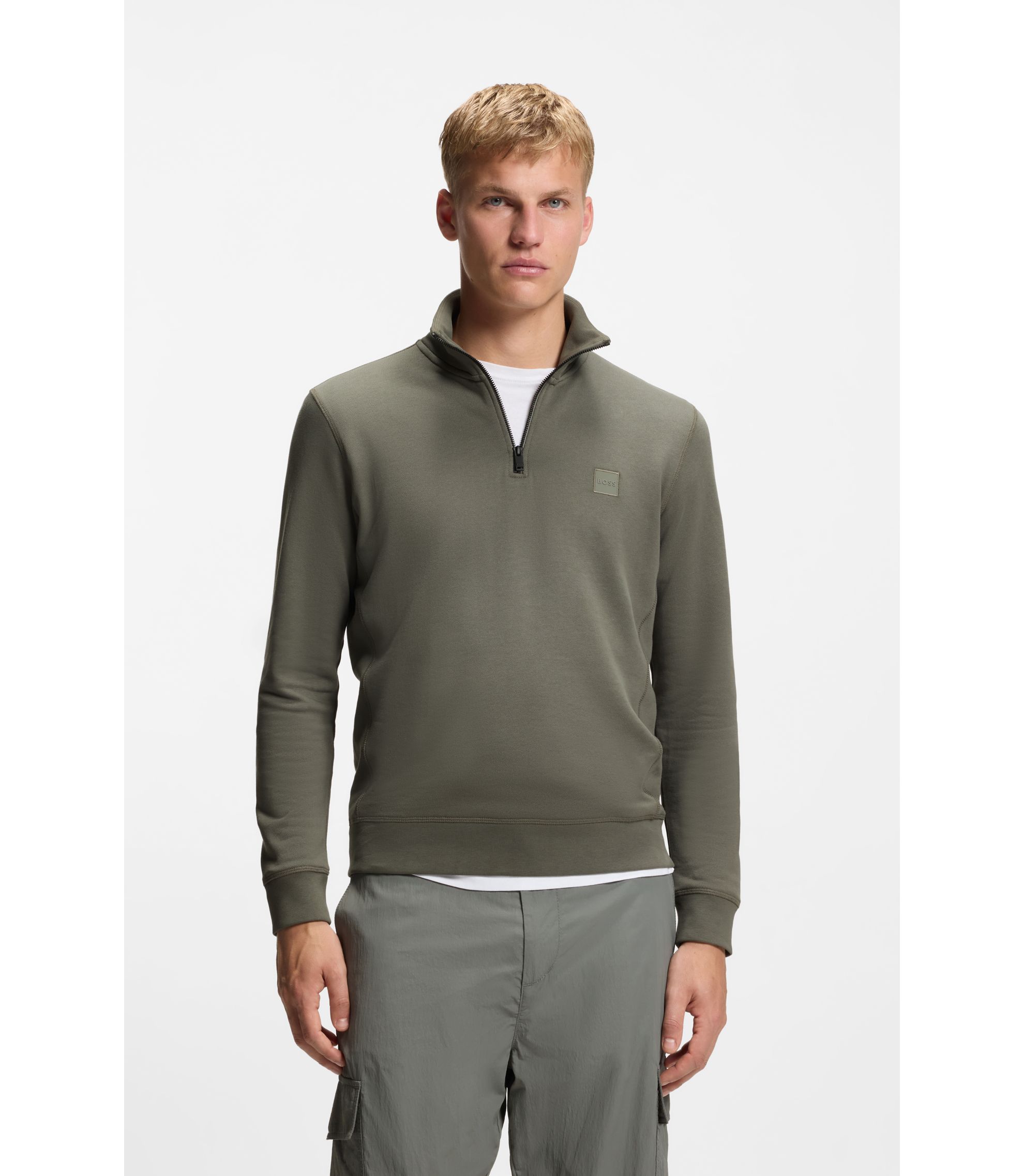 Sweatshirt aus Baumwoll-Terry mit Reißverschluss am Kragen und Logo-Aufnäher