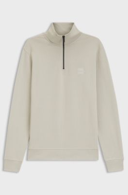 Quarter-zip cotton-terry sweatshirt with logo patch, Light Beige