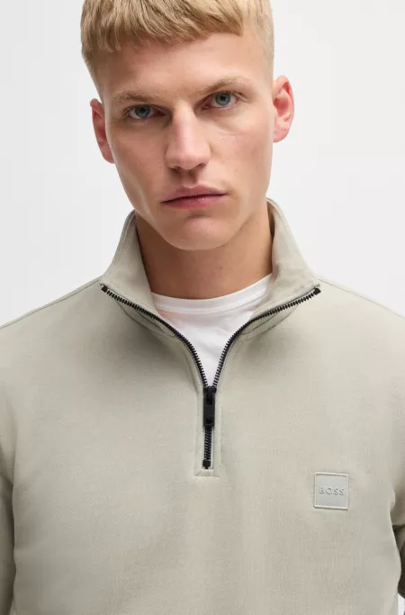 Zip-neck sweatshirt in cotton terry with logo patch