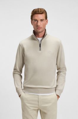 Quarter-zip cotton-terry sweatshirt with logo patch, Light Beige