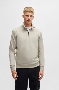 Zip-neck sweatshirt in cotton terry with logo patch, Light Beige