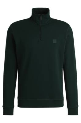 Hugo Boss Cotton-terry Zip-neck Sweatshirt With Logo Patch In Black