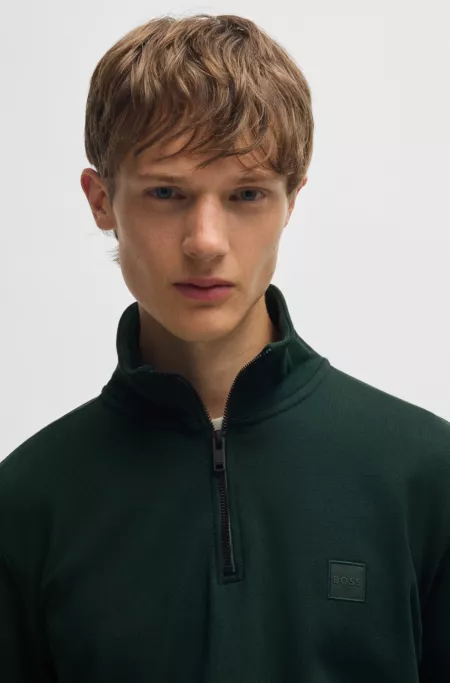 Zip-neck sweatshirt in cotton terry with logo patch