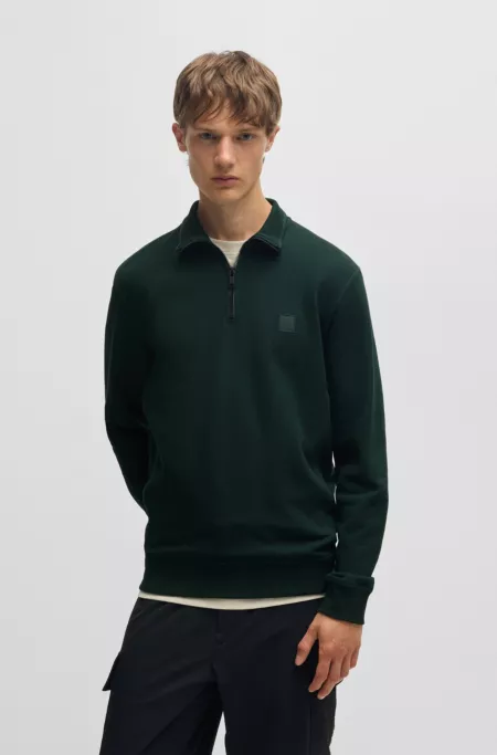 Zip-neck sweatshirt in cotton terry with logo patch