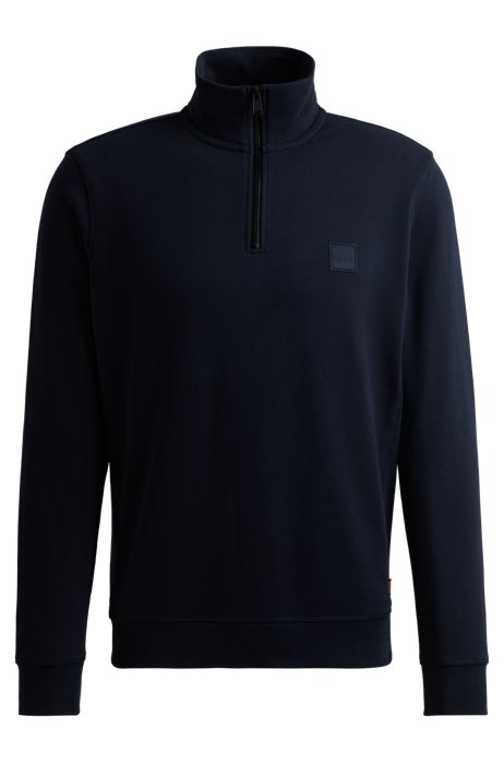 Cotton-terry zip-neck sweatshirt with logo patch, Dark Blue