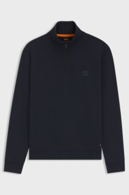 Sudadera de felpa de algod&oacute;n con cremallera corta y parche de logo, Azul oscuro