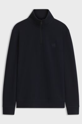 Cotton-terry sweatshirt with zip collar, Dark Blue