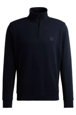 Hugo Boss Cotton-terry Zip-neck Sweatshirt With Logo Patch In Blue