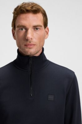 Felpa in terry di cotone con colletto con zip e toppa brandizzata, Blu scuro