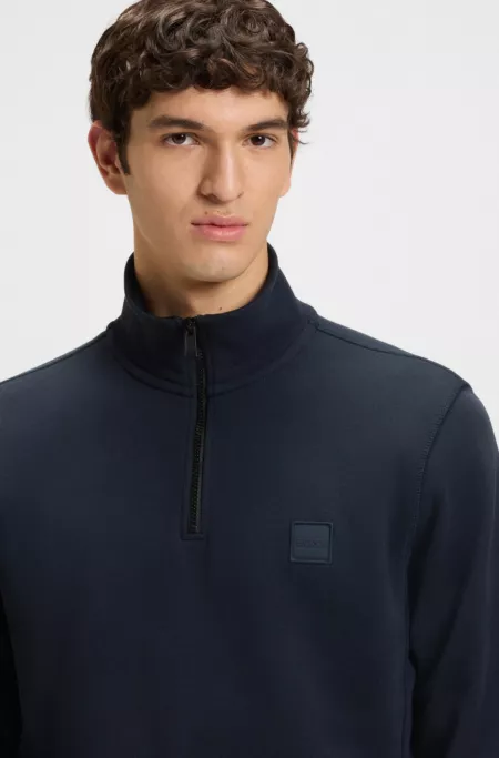 Zip-neck sweatshirt in cotton terry with logo patch