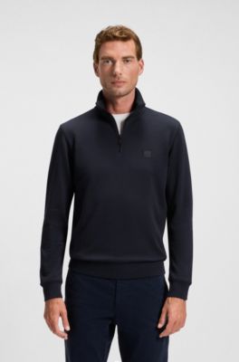 Cotton-terry sweatshirt with zip collar, Dark Blue