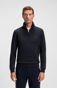Zip-neck sweatshirt in cotton terry with logo patch, Dark Blue