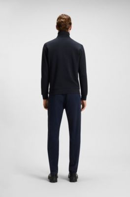 Sudadera de felpa de algod&oacute;n con cremallera corta y parche de logo, Azul oscuro