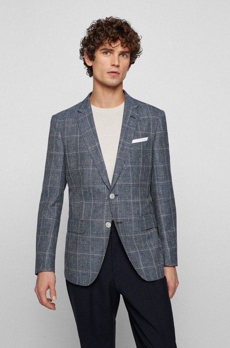 Slim-fit jacket in a checked wool-linen blend, Blue