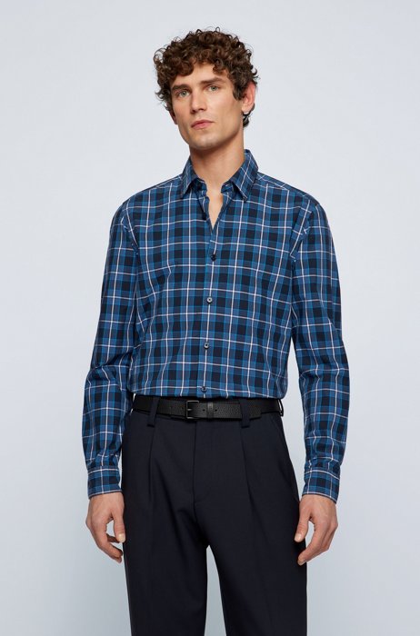 Regular-fit shirt in checked organic-cotton poplin, Dark Blue