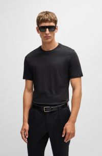 Camiseta regular fit de punto de algodón con cuello acanalado, Negro