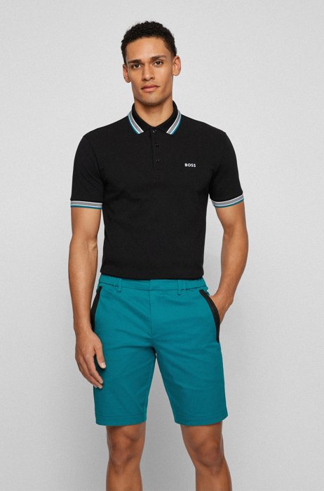 Organic-cotton polo shirt with curved logo, Black