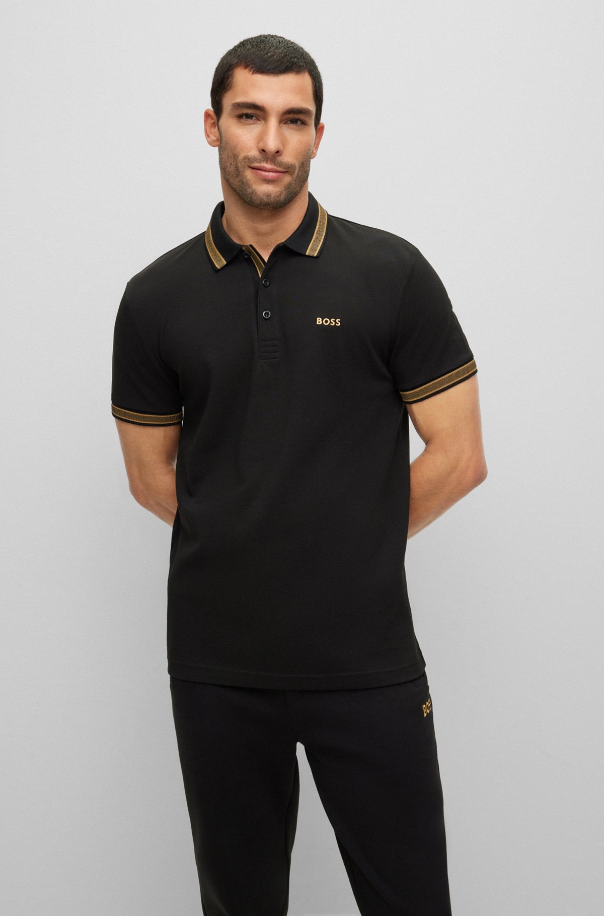 Organic-cotton polo shirt with logo, Black