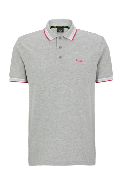 Organic-cotton polo shirt with curved logo, Light Grey