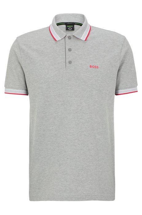 Organic-cotton polo shirt with curved logo, Light Grey
