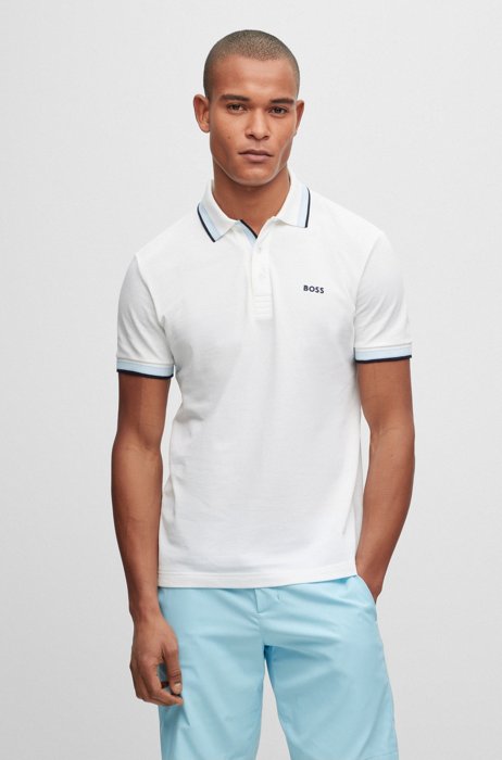 Organic-cotton polo shirt with curved logo, White